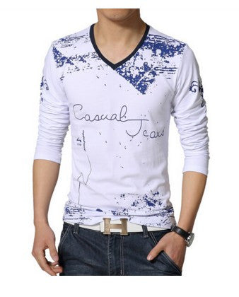 V-Neck T Shirt Casual Striped Men Long Sleeve